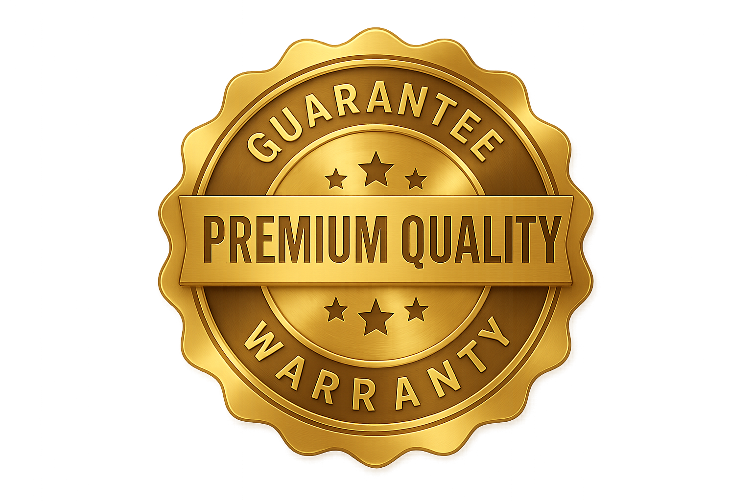 Necesito un ícono a todo color y buena resolución para un apartado de calidad, idealmente como un sello de prestigio, que contenga colores dorados y muestre garantía, sin color de fondo.