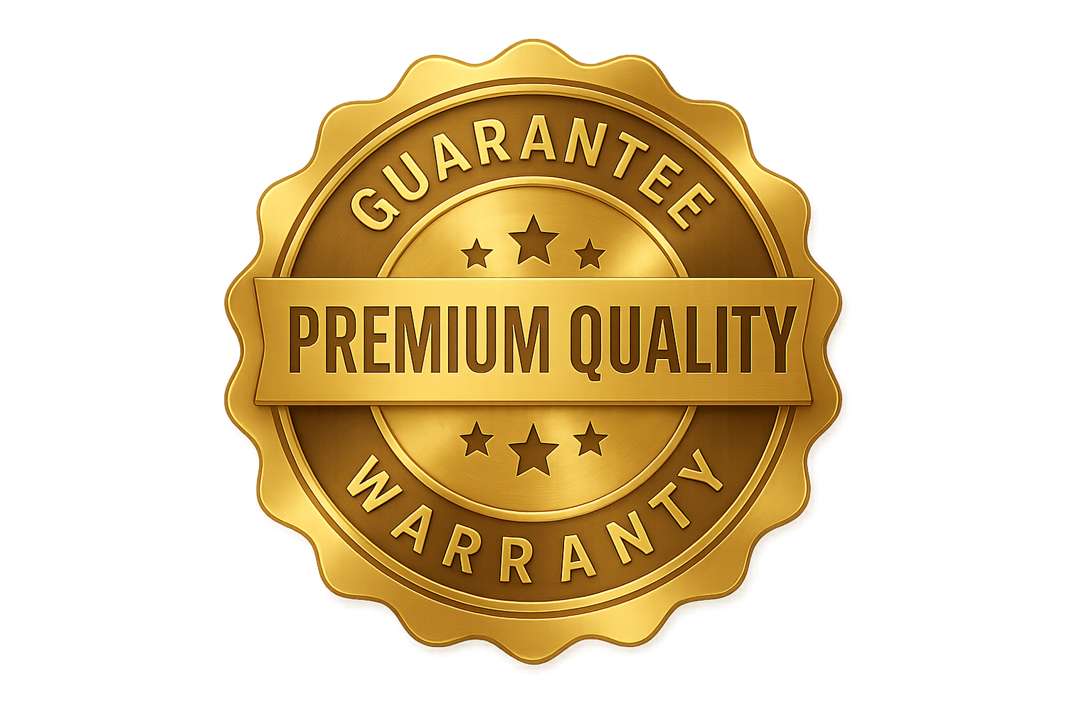 Necesito un ícono a todo color y buena resolución para un apartado de calidad, idealmente como un sello de prestigio, que contenga colores dorados y muestre garantía, sin color de fondo.